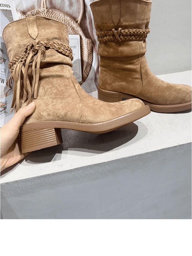 Buty rycerskie z frędzlami Wasteland: Jesień 2025 Botki Kowbojskie z Miękkiego Zamszu na Grubym Obcasie do Połowy Łydki z Wycięciem w Serek