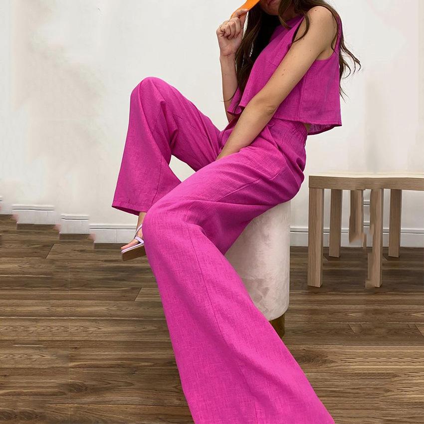 1116 summer new solid color sleeveless vest top trousers European and American fashion women's clothing two-piece set cotton and linen suit women