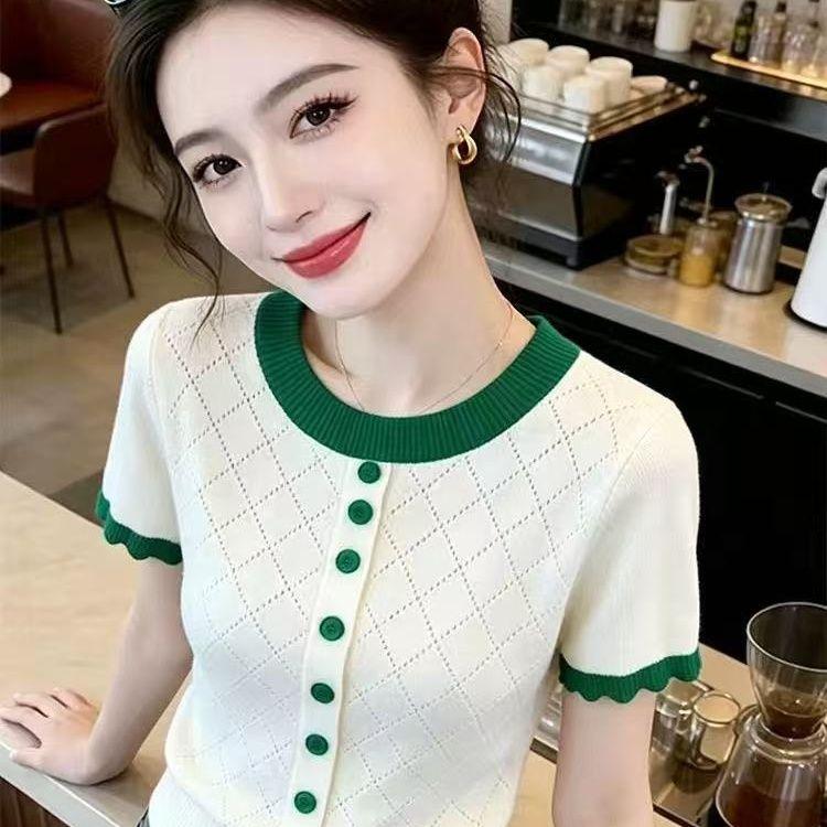 Knitted Top for Women In Summer, New Style, Front-opening Diamond-patterned, Open Wooden Ear Detail, Elegant Short-sleeved T-shirt Top