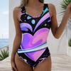 Women Plus Size U Neck Sleeveless One Piece Swimsuit Black Purple Pink Galaxy Heart Print