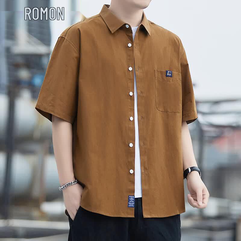 ROMON Men s Casual Solid Short Sleeve Shirt 2XL