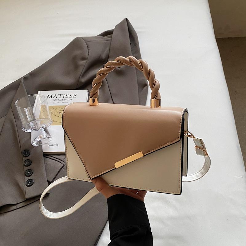 Korean Version of Simple Hand Carry Shoulder 2025 New Fashion Diagonal Splicing Contrasting Color Small Square Bag Portable Messenger Commuter Woman