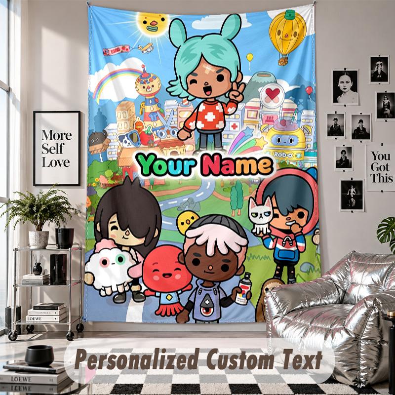 Wall Hanging Tapestry With Custom Name & Text, Toca Boca Decorative Tapestry For Bedroom