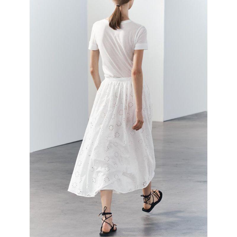 Za2024 Summer New Product Women's Clothes Pure Color Elastic Waist Skirt Cut Out Embroider Skirt 3370011 250