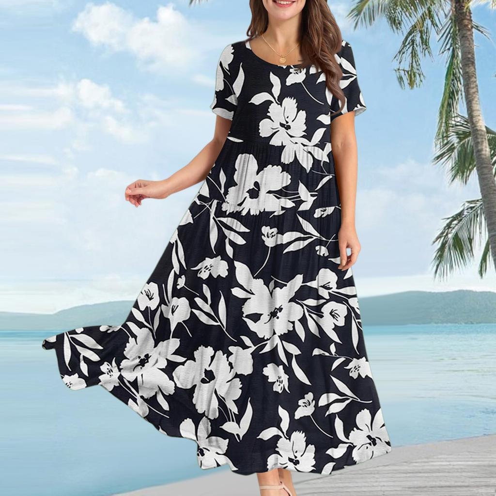 Damen Lässiges Lockeres Böhmisches Kleid mit Blumenmuster und Kurzen Ärmeln