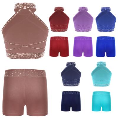 Girls Figure Skating Dance Outfit Halter Neck Sleeveless Cross Back Vest Shiny Rhinestones Waistband Shorts Set