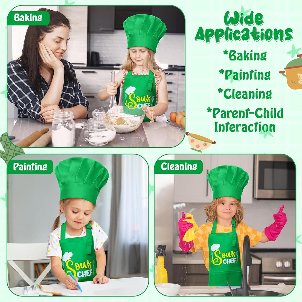 Kid Apron and Chef Hat Set - R HORSE 2Pcs Adjustable Children Green Kitchen Apron, Dress up Role Play Chef Toy Cooking Baking Painting and Training