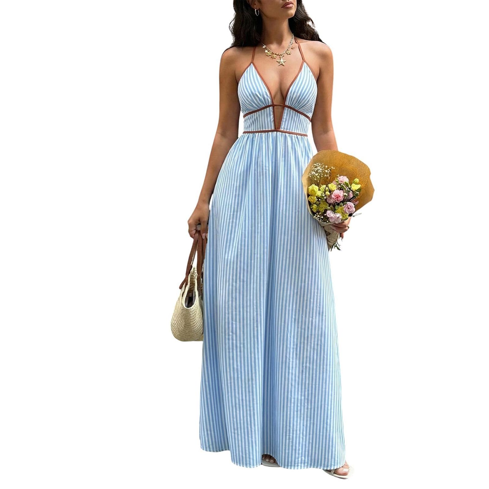 Ladies  Fashionable Temperament Versatile French Ruffle Edge V Deep V-neck Striped Backless Sleeveless Hanging Neck Long Skirt M синий