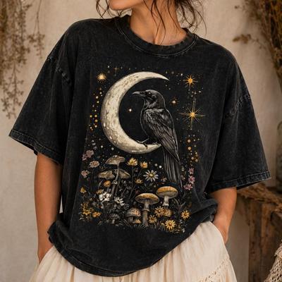 Raven Moon T-Shirt and Kids Tshirt, Gothic Crow Graphic Tee, Dark Cottagecore Shirt and Kids Tshirt, Mystical Mushroom Top, Witchy Nature Gift