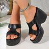 Sexy Black Pu Chunky Platform Super High Heel Slides Women 2025 Summer Wedge Heel Slippers Casual Square Toe Beach Sandals