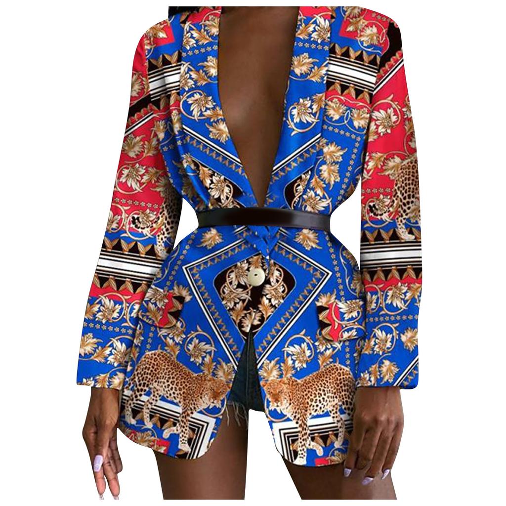 Women Fashion Long Sleeve Print Color Coat Open Front  Suit Jacket