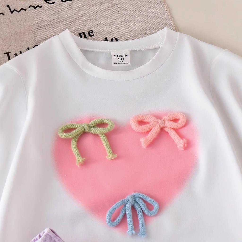 Set Modă Fete Vară Copii Casual Gât Rotund Top cu Fundă Love Set Blugi Rupti