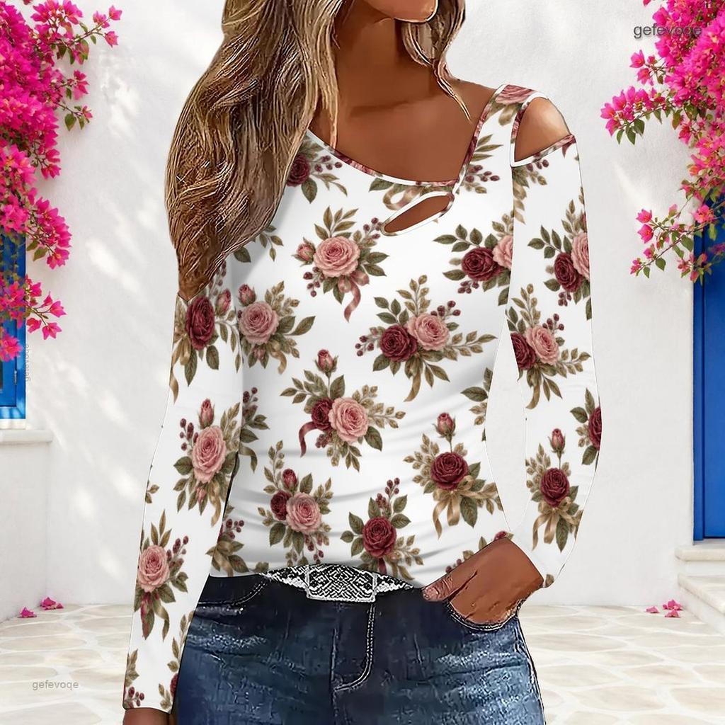 Women Plus Size White Asymmetric Cutout Neck Cold Shoulder Long Sleeve Floral Printed Fitted Top