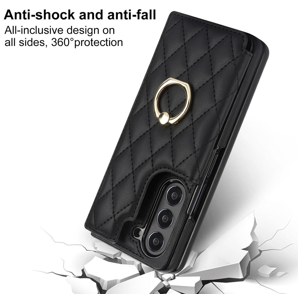 Fold7 Ring+bracket Phone Case for Samsung Galaxy Z fold 7 6 5 4 3 Double Buckle Card Holder Wallet Diamond Grid Pu Leather Cover