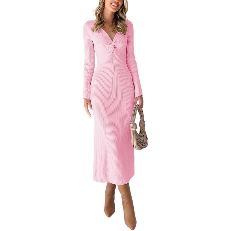 Women's Spring Fall V Neck Long Sleeve Fishtail Sweater Dress Ribbed Knit Slim Fit Bodycon Midi Dress for Women Solid Color Pencil Long Dress