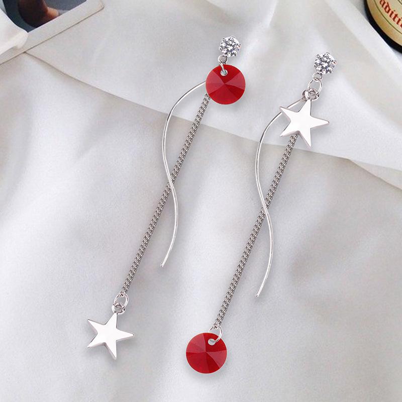 Suijue Jewelry Серьги-звезды с серебряной иглой 925 пробы Женские Асимметричные Хрустальные Модные Серьги с Индивидуальностью Длинные рубиново-красный