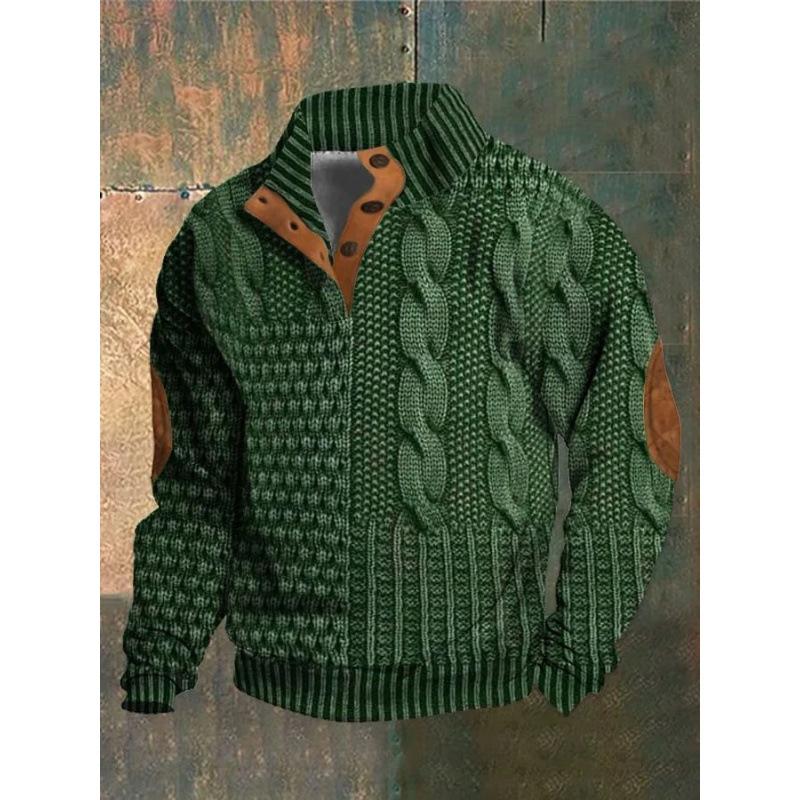 Men S 3d Printed Stand Collar Polo Sweatshirt With Buckle Streetwear