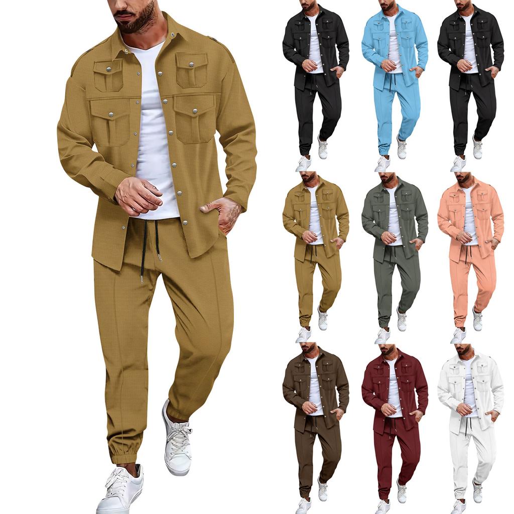 Men's Long Sleeved Work Shirt With Multiple Pockets And Trousers  Casual Two Piece Suit  Casual And Versatile
