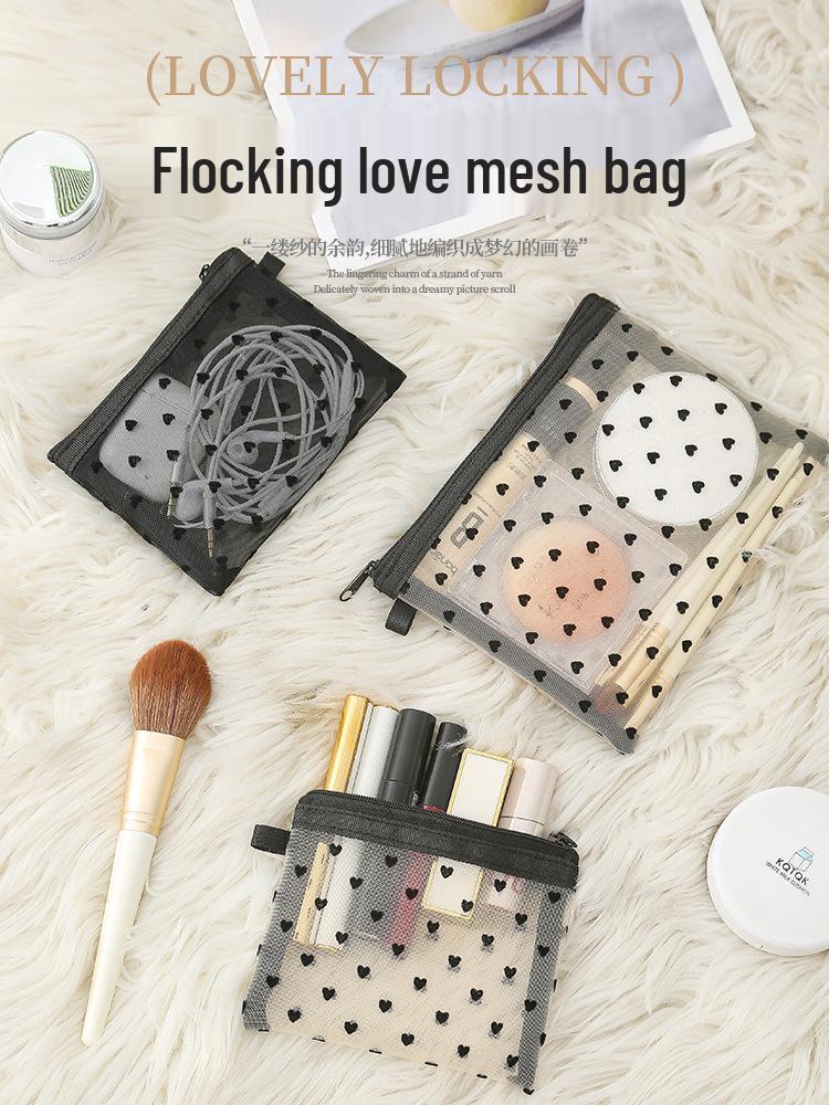 Flocked Mesh Heart Makeup Bag: Large-Capacity, Portable Cosmetic and Coin Purse