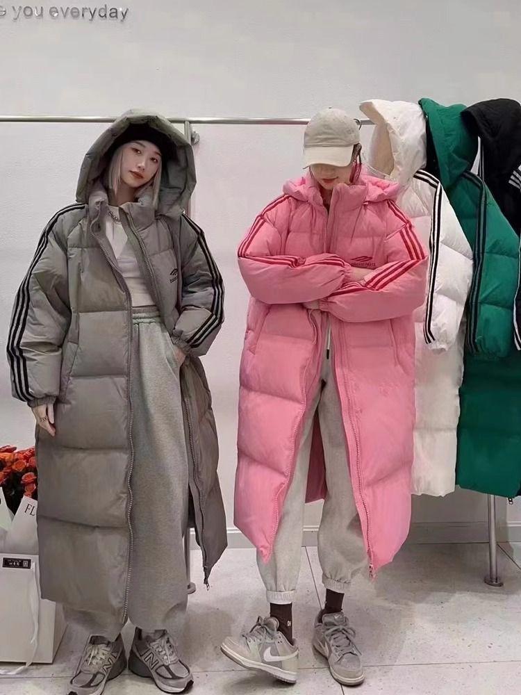 Women's 2023 Korean Style Long Down Jacket, Over-the-Knee, Three-Stripe, Thickened, Loose Fit, White Duck Down, Couple's Coat.