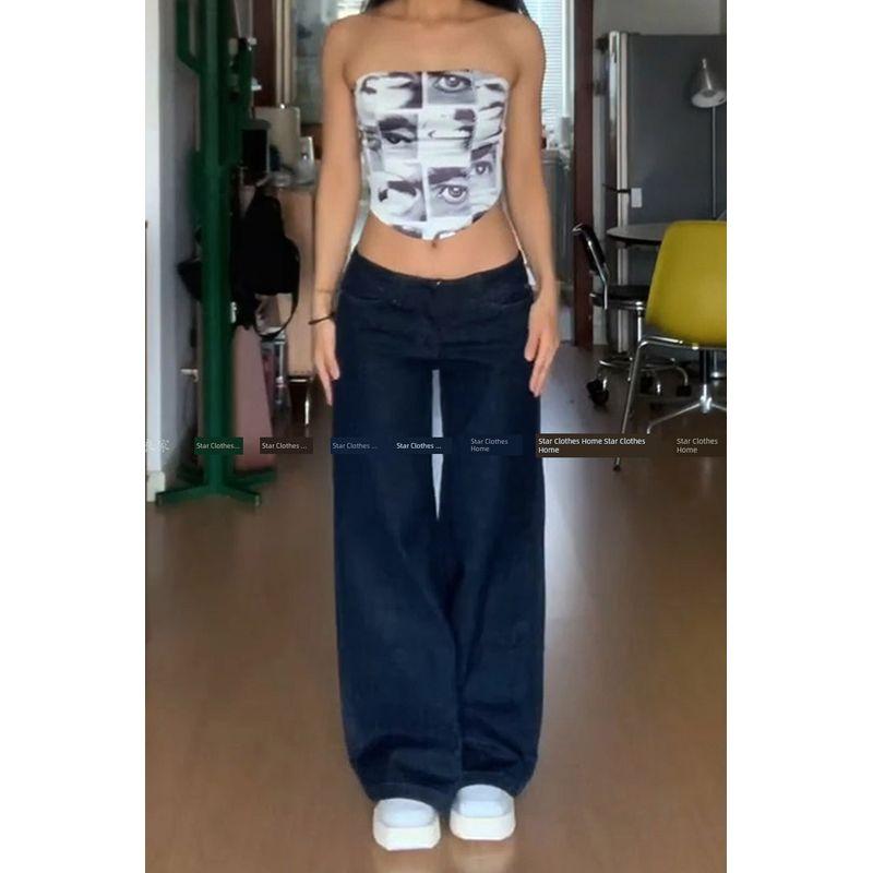

American Style Dark Blue Low Waist Denim Women s Summer Y2g Sexy Loose Straight-leg Loose Pants Casual Mopping Pants
