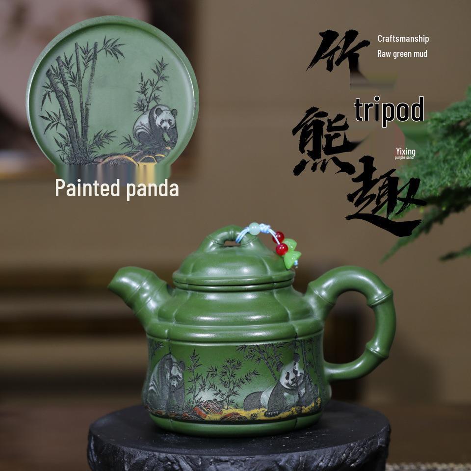 Bestselling Handmade Green Clay Zisha Bamboo Bear Tea Set by Renowned Artist 310cc