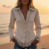 Women Tassel Shirt for Autumn, Button Down Slim Fit Fringe Long Sleeve Top Blouse, Solid Color Casual Top, Western Cowgirl Outfit Elegant Date