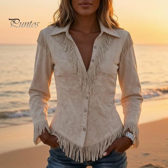 Women Tassel Shirt for Autumn, Button Down Slim Fit Fringe Long Sleeve Top Blouse, Solid Color Casual Top, Western Cowgirl Outfit Elegant Date