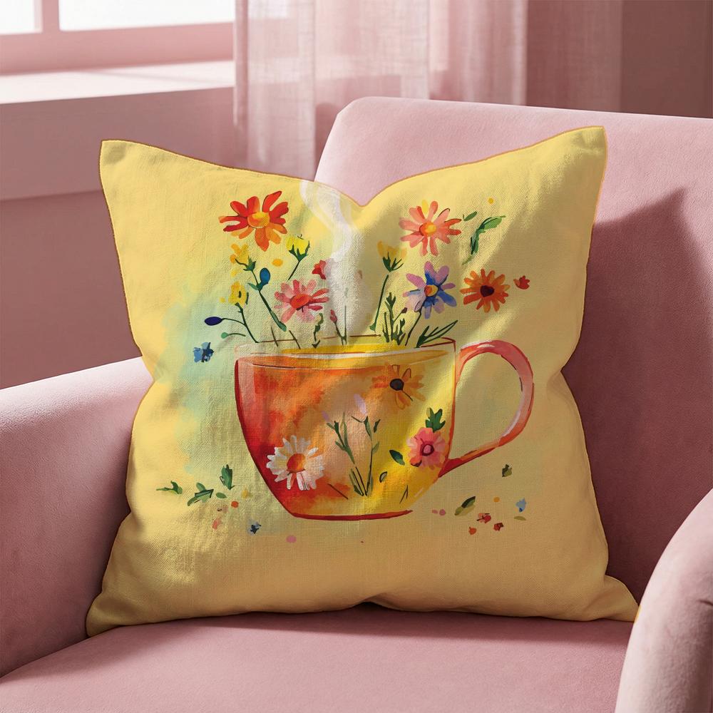 Painting Cup of Flowers Cushion Cover Multi-Scene Pillow Cover for Home & Car - Reversible, Soft & Durable for Daily Use