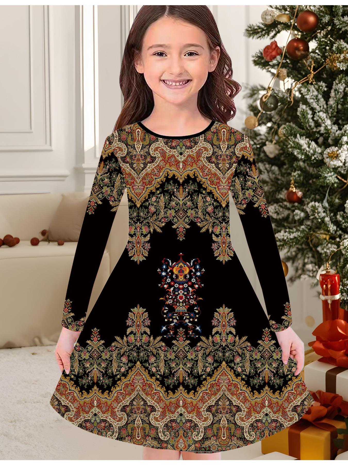 

Модное осенне-зимнее платье для девочек, 3D принт с винтажным узором, с круглым вырезом, длинное детское платье-футболка, повседневное, универсальное, рождественская одежда 170 коричневый