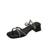 Rhinestone cross-strap one-word buckle thick-heeled sandals 2025 summer French new open-toed mid-heel fairy style high heels