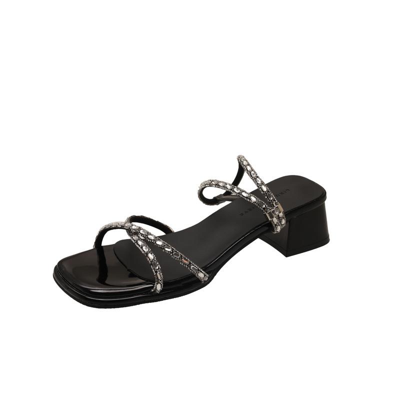 Rhinestone cross-strap one-word buckle thick-heeled sandals 2025 summer French new open-toed mid-heel fairy style high heels