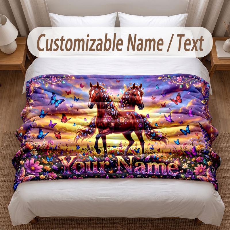 Horse Theme Soft Blanket Personalized Custom Name Text Print Warm Blanket Home Sofa Bedroom Decor