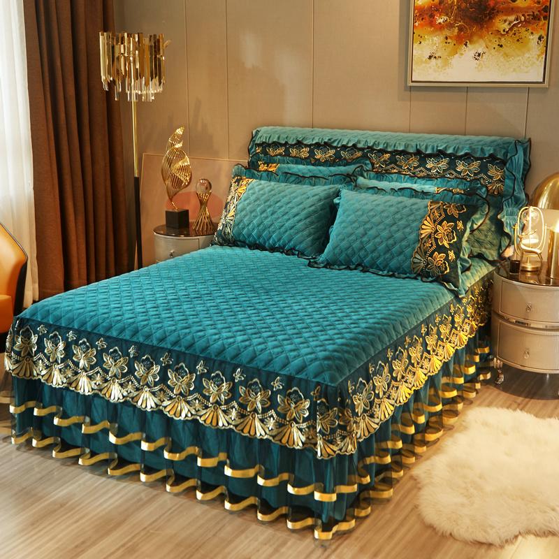 Europäische Luxus-Stickerei verdicken samt gesteppte Tagesdecke Single Queen King Spitze Bett Rock Bettdecke Bettlaken Kissenbezug #/
