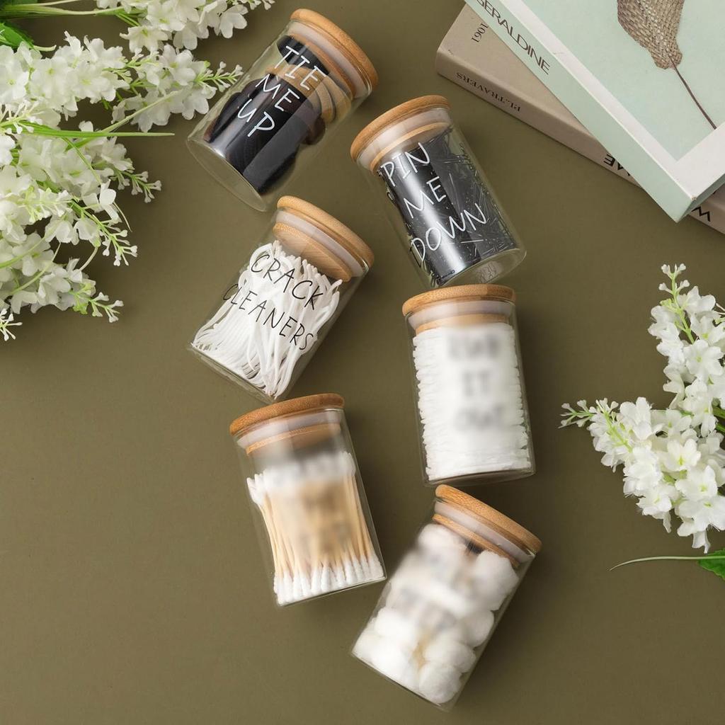 Tessco 6 Pcs Apothecary Jars Glass Jars with Lids for Bathroom Qtip Holder Glass Cotton Ball Holder for Home Bathroom Farmhouse Storage Containers