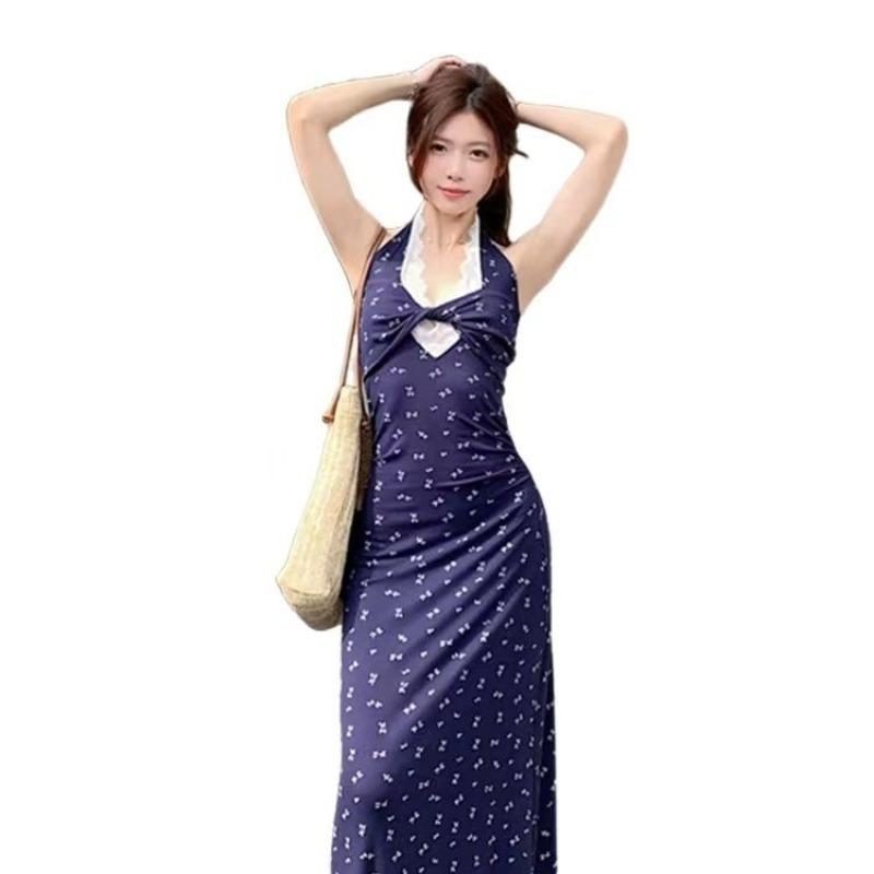 Kink Lace Neck Sling Floral Dress Women's Summer New Seaside Vacation Beach Dress