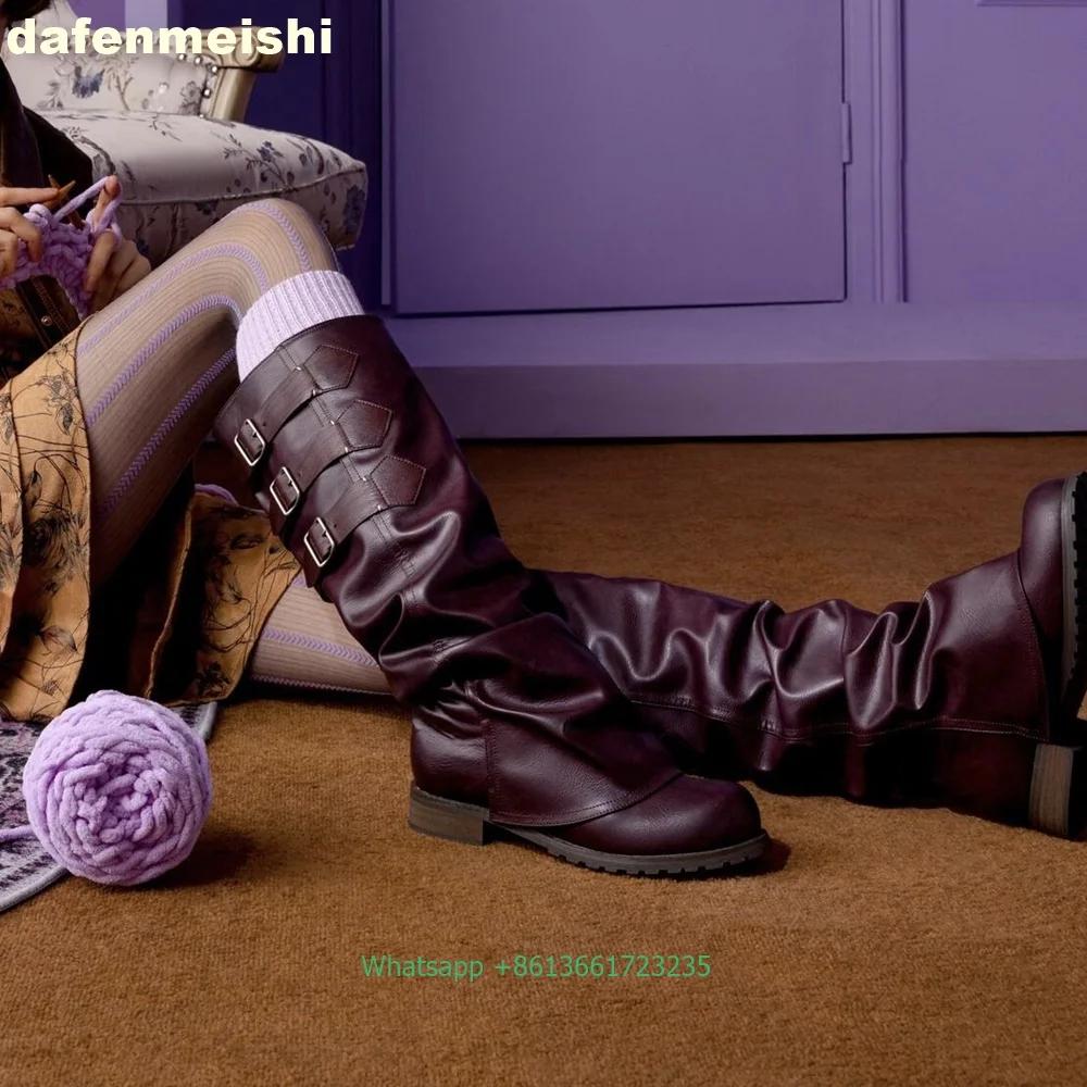 Fashion Women's Belt Buckle Pleated Loose Boots Black Thick Heel Retro Long Trousers Boots 2025 Winter Fashion Flats Knee-High Boots