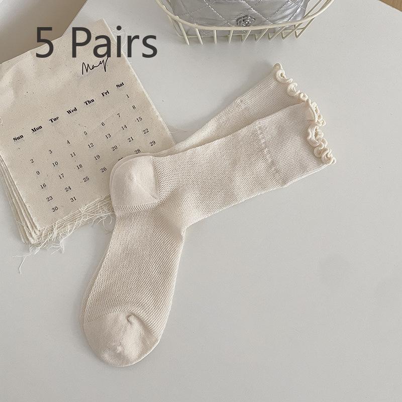 5 Pairs of Female Summer Thin Mesh Breathable Lace Boneless Tube Stack Socks