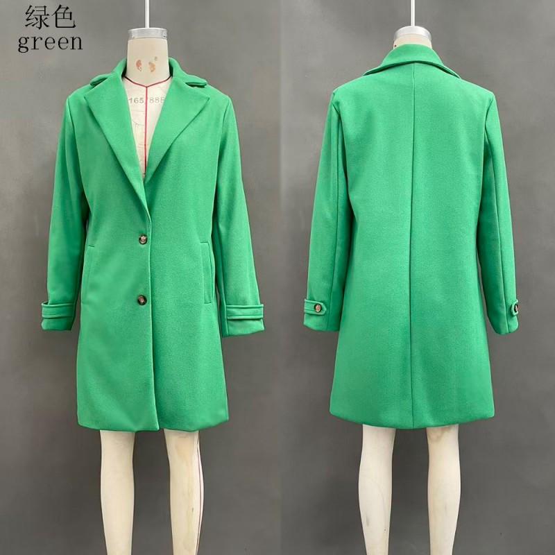 2026 Womens Vintage Casual Mid-Length Lapel Wool Blend Coat Solid Color Single-Breasted Outerwear