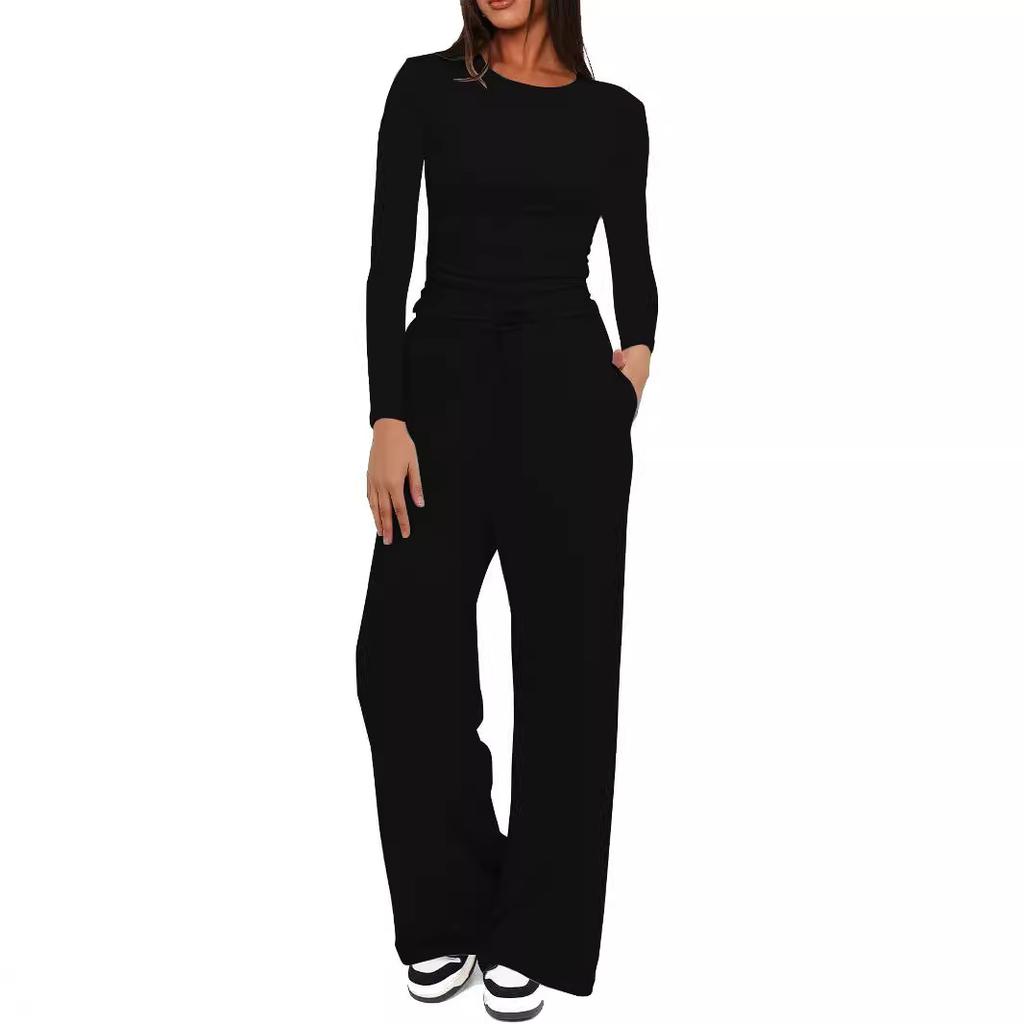 Autumn Women's Casual Pant Suit Pleated Decoration Solid Color Long Sleeve Top High Waisted Wide Leg Pants Sweatshirt