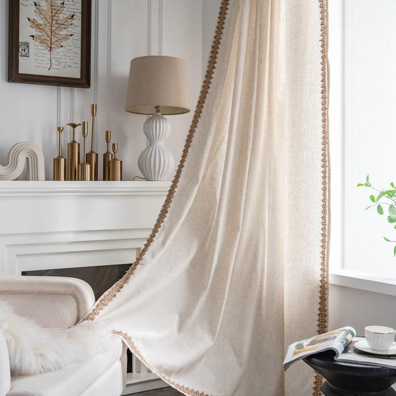 Linen Curtain Country Style Window Hanging Blackout Lace Tassel Curtains for Living Room Bedroom Easy Drape Dector for Window