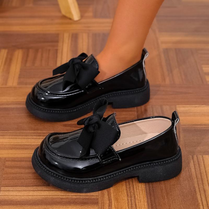Children Clothing Yulin-001 Girls Black Leather Shoes Mary Jane Simple Bowknot Children Classic Causal Uniform Shoes Versatile Kids Platform Loafers Non-Slip Cm