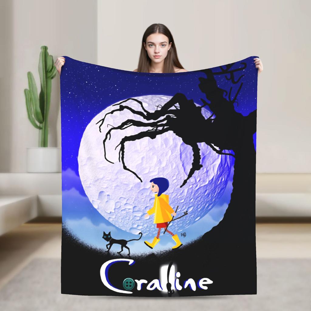 Coralines Animated Movie Blanket  Travel Flannel Throw Blanket For Living Room Warm Soft Custom DIY Quality Bedspread Gift Idea