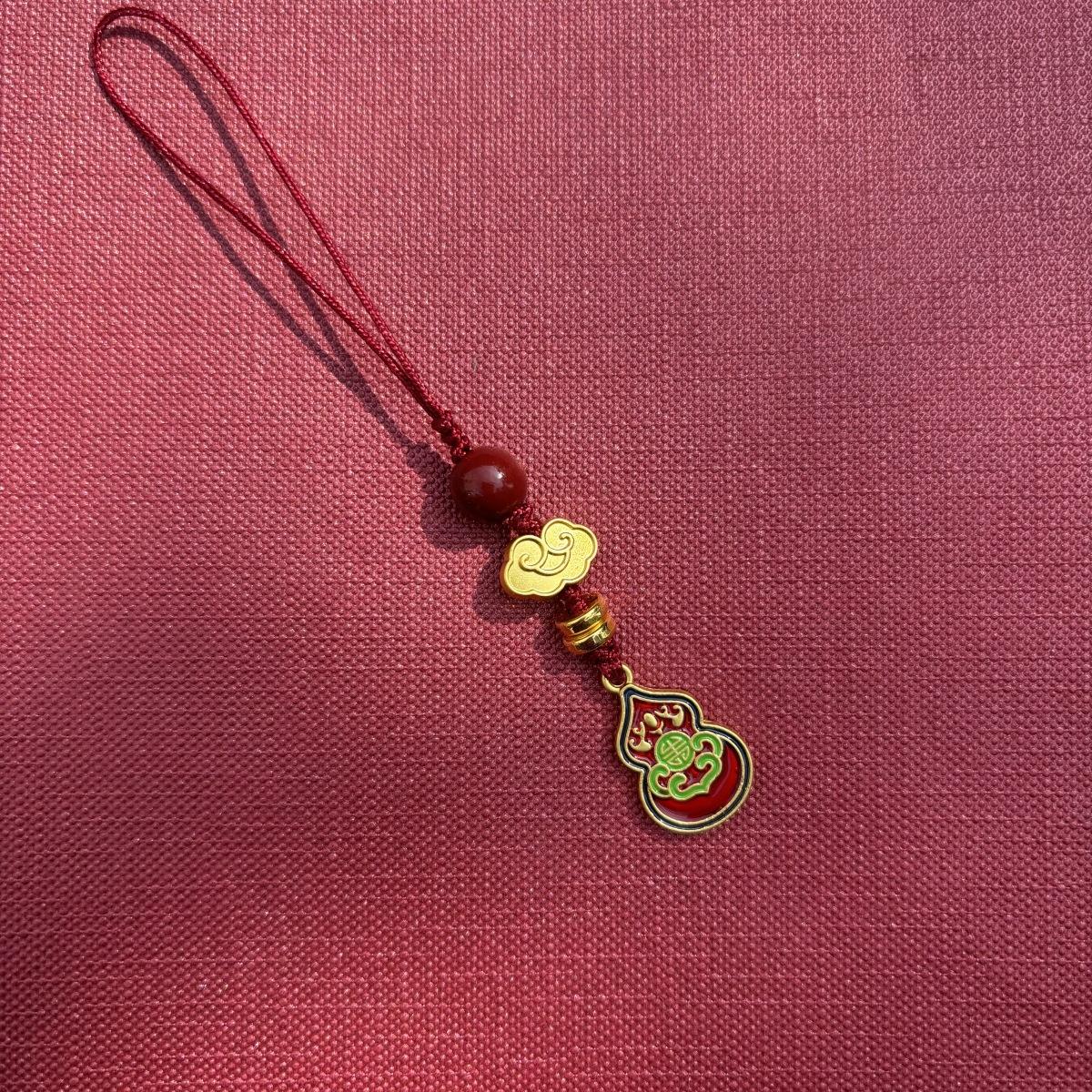 Metal safety hollow gourd cinnabar, Chinese style pendant, hanging decoration keychain, accessories