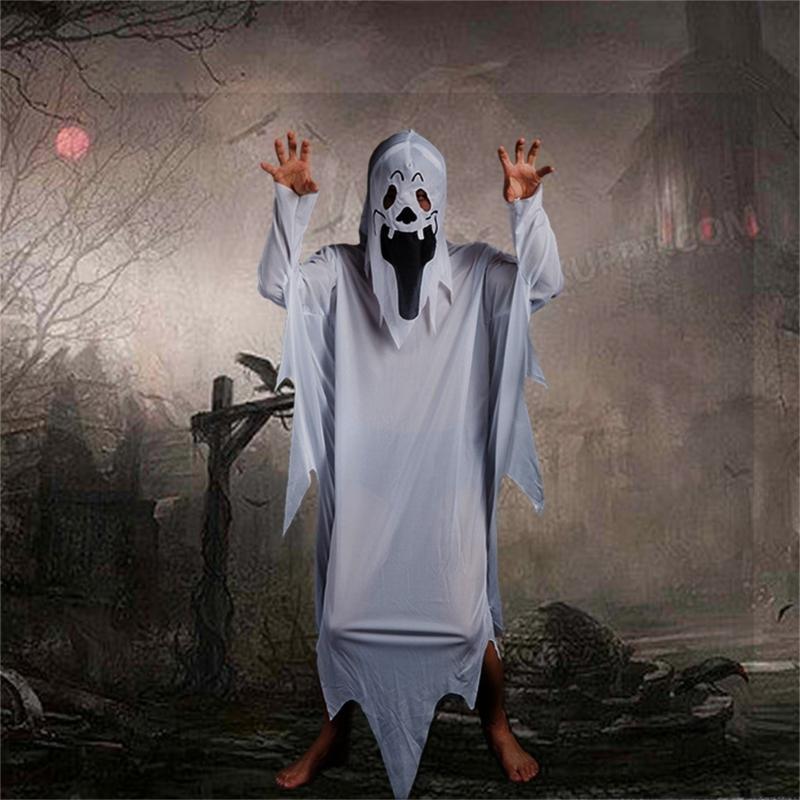 Adult Scary Smiling White Dress with Scary Face, Men Womens Halloween Cloak Cape for Cosplay Photo Props