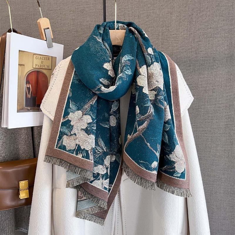 Autumn and winter new imitation cashmere plant flower print scarf women's autumn warm thickened outer shawl scarf