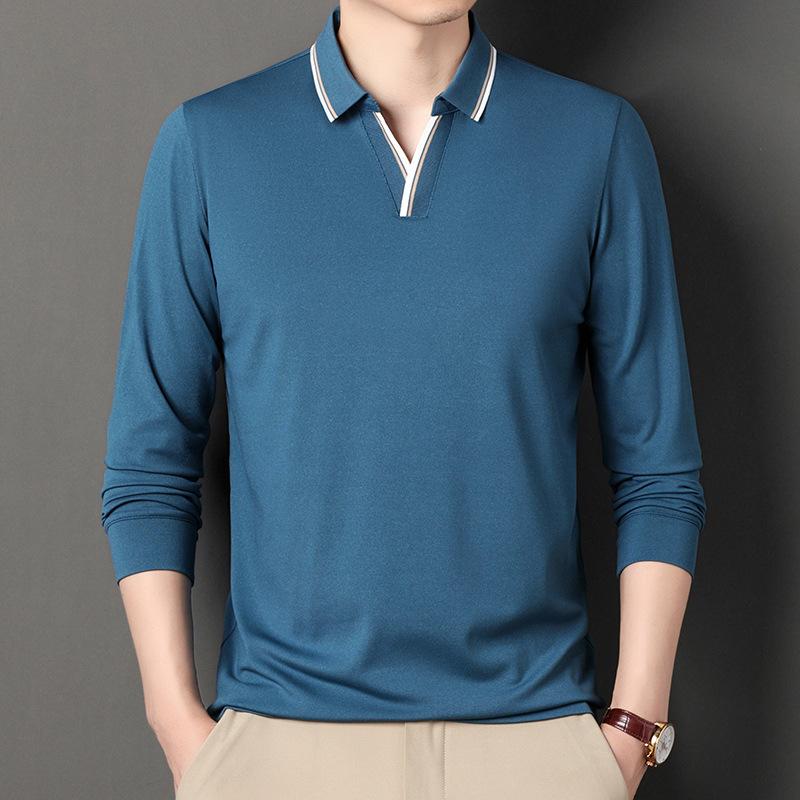 Lapel Long Sleeve T-Shirt Solid Color Thin Medium Men'S Clothes Loose Bottom Polo Shirt