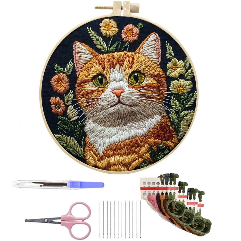 1 Set Cat Embroidery Kit Embroidery Frame with Patterns Fabric Material Package Scissors Seam Remover DIY Craft Kits Decoration