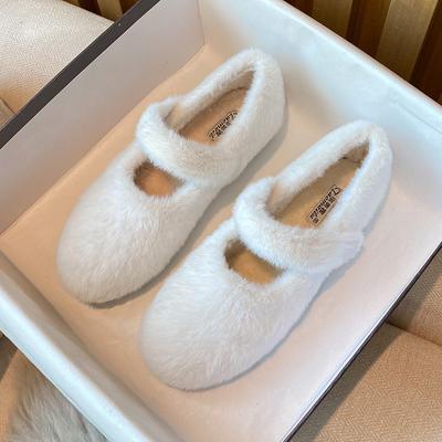 Fashion Fairy White Furry Mary Janes Women Warm Mink Fur Shoes Winter Cotton Lined Flats Slip On Ballerinas Ladies Barefoot Wool Loafers