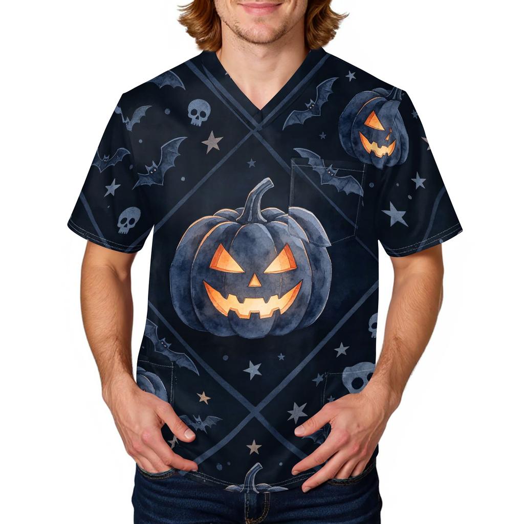 Camisa de Uniforme de Trabajo para Hombre de Manga Corta con Estampado de Halloween